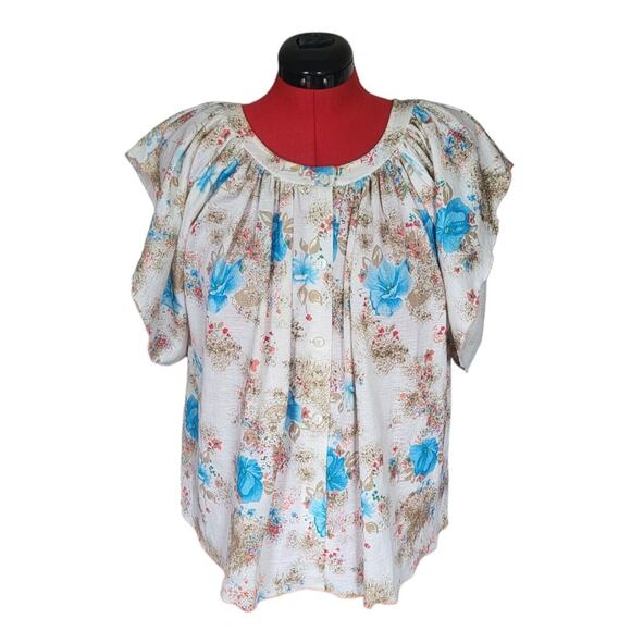 Floral patterned tunic with short sleeves, size large* - Picture 1 of 4